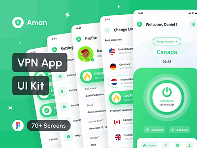 Aman - VPN App UI Kit app app design application components design design system free interface internet security app mobile mockup portfolio proxy app template ui ui design ui kit virtual private network vpn vpn app