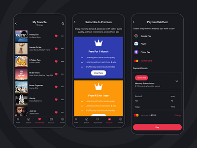 SongSilo (Favourite, Premium Subscribe, Payment Method) app design favorite mobile app music ui