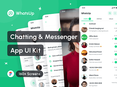 WhatsUp - Chatting & Messenger App UI Kit app app design application chatting app communication app design design system figma free interface messaging app messenger app mobile mockup portfolio social media app ui ui design ui kit whatsapp