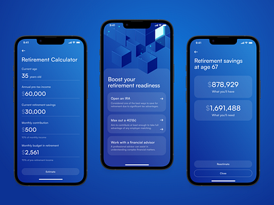 Retirement planner - Calculator app design blue fintech futurictic glowy illustartion mobile app retirement planner ui ux