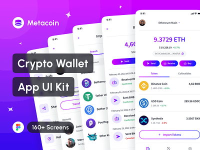 Metacoin - Crypto Wallet App UI Kit app app design application crypto app crypto exchange app crypto payment app crypto wallet app cryptocurrency app design design system digital wallet app free interface mobile mockup nft app portfolio ui ui design ui kit