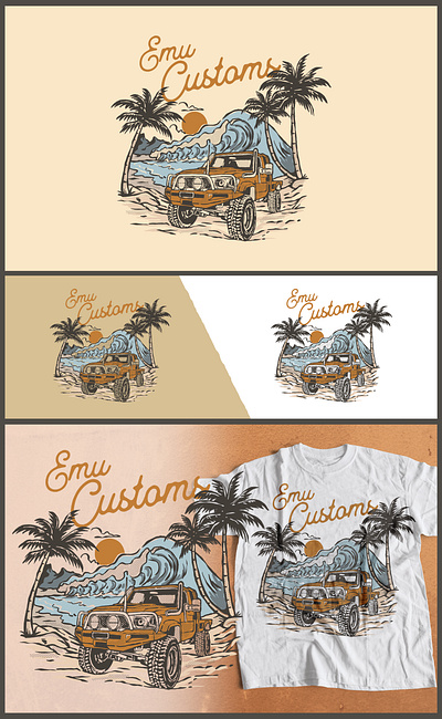 Emu Custom Jeep adventure branding cars coco graphic design illustration jeep logo mountain retro sea vector vintage waves