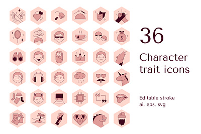 Character traits hexagon icons bestie character characters charisma cool extrovert face flat hexagon icon illustration introvert linear minimal optimist romantic simple succsess trait vector