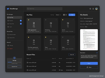 Cloud Storage Dashboard branding cloud cloud storage dark mode dark website dashboard files homepage invoices logo minimal online files pdf saas model share storage ui web app web design website