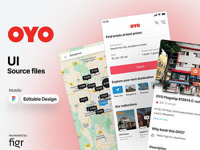 Oyo Mobile UI (Redesigned) android booking chart cheap design editable figma free holiday hotel ios kit map mobile app oyo red rooms staycation ui ux view