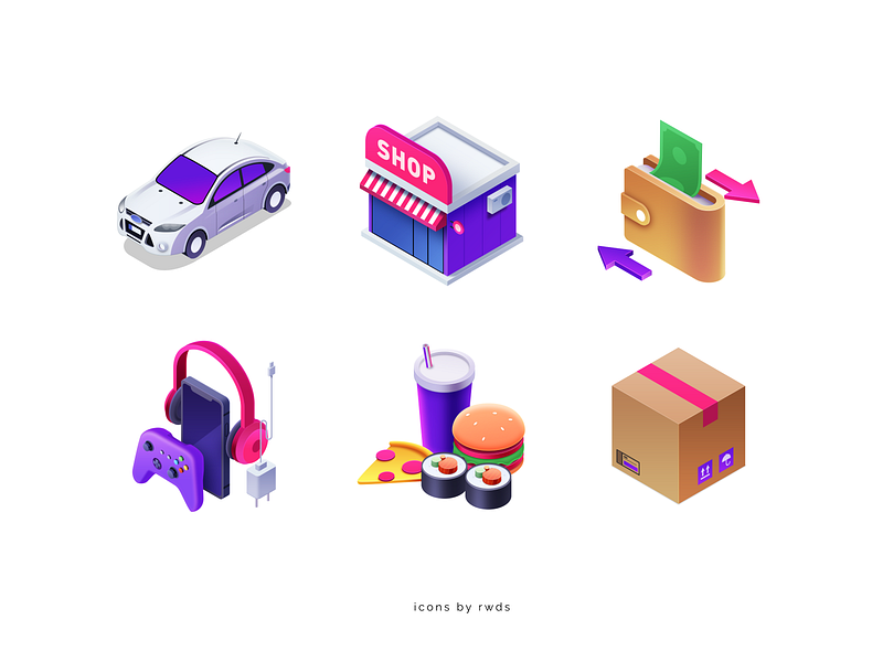 Icons box car food icons illustration isometric shop vector