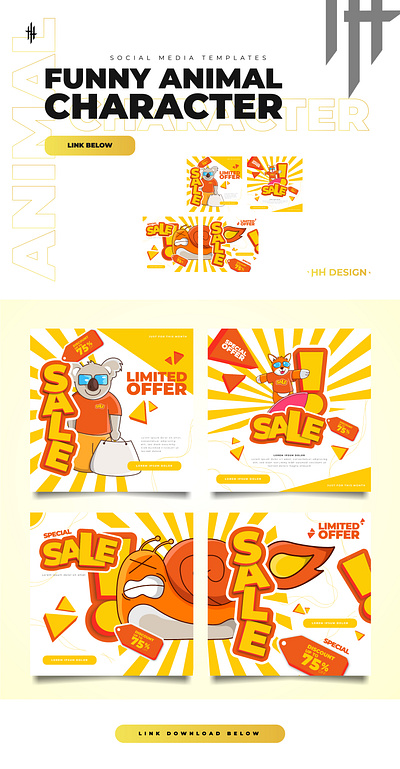 Funny animal characters and templates agency animal character discount flash funny koala rocket sale shop shoping snail social media template templates yellow