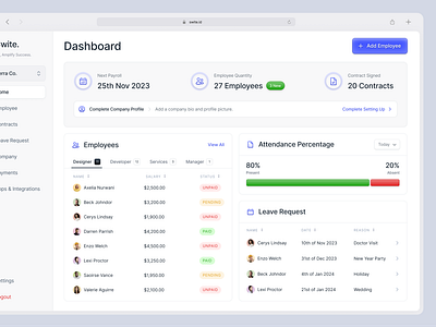 HR SaaS Dashboard 🧳 button chart clean company dashboard design employee hiring hr interface manager minimal navigation platform product saas simple table ui web