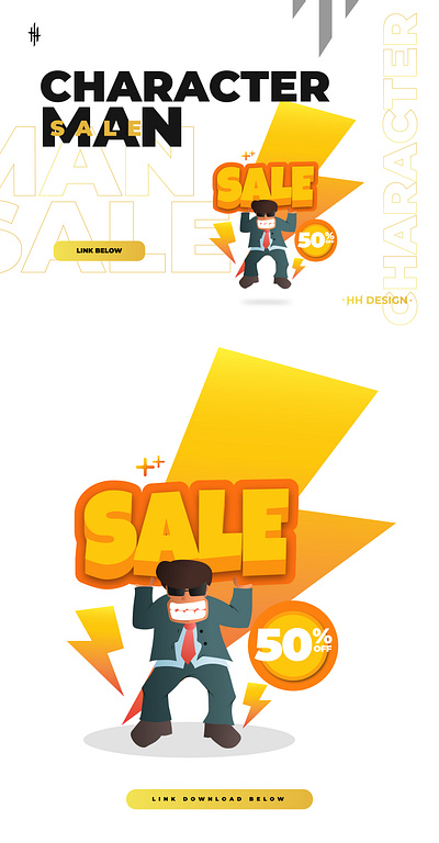 Character Man Sale asset character design aset design asset discount element flash flash sale lightning man office sale shop shoping sale social media ui worker yellow