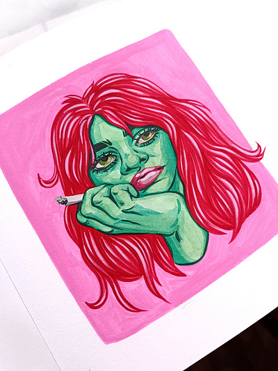 Poison artist bold bright character colourful paintings creative emilieharmony emilieharmonyart expressive art gouache painting graphic green halloween illustration illustrator pink portrait painting red traditional art zombie