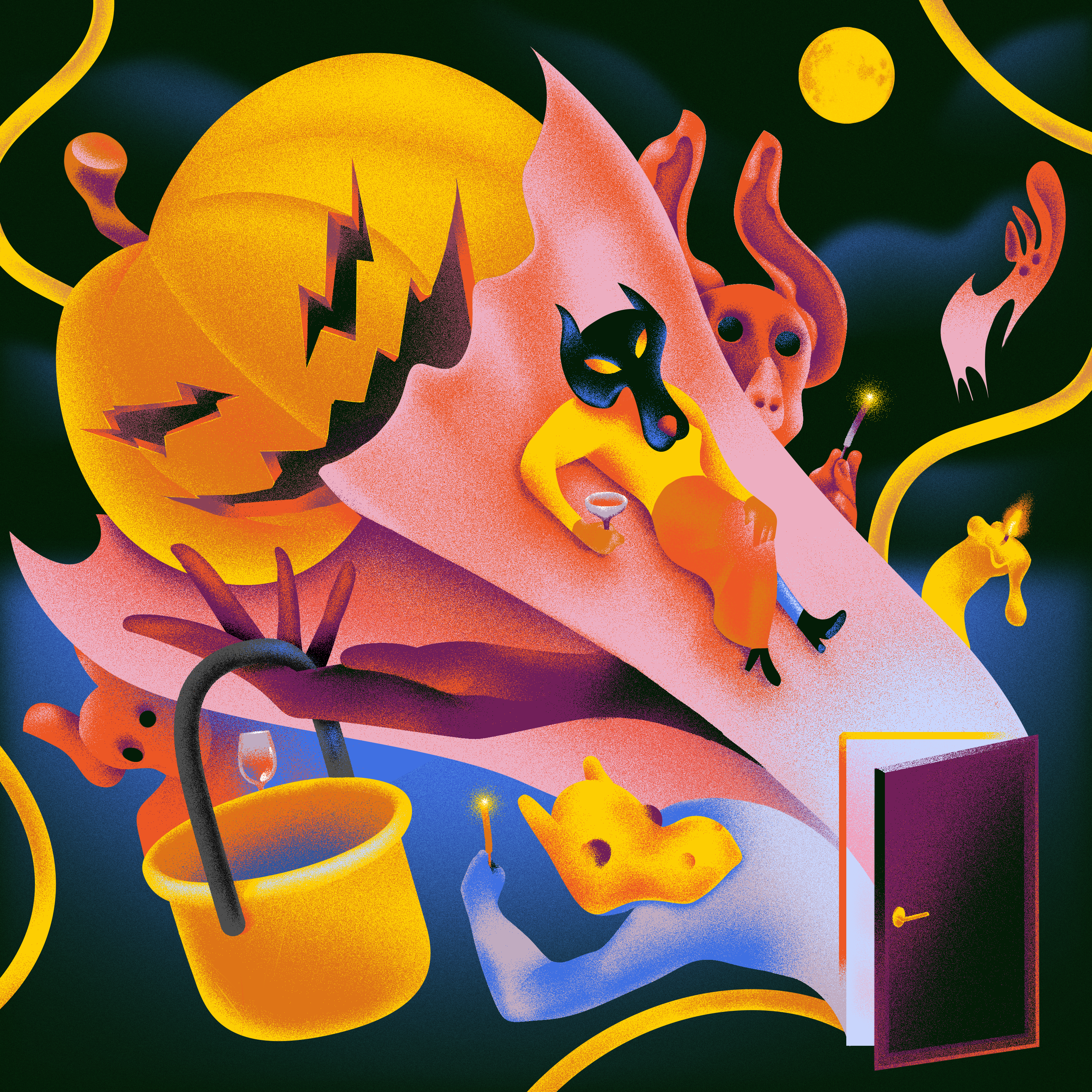 Halloween 2d abstract bat candy celebration character creatures door event fest flat halloween illustration masks pumpkin shapes simple