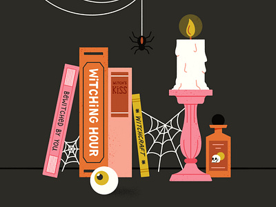 Spooky Bookshelf books bookshelf candle creepy eyeball halloween illustration scary spider spooky witch