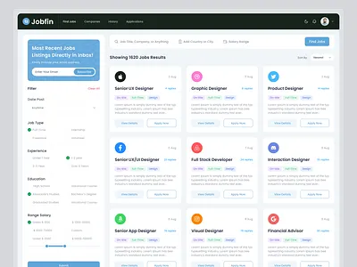 Job Finder Platform Dashboard dashboard dashboard design hiring platform job job board job finder job finder dashboard job listing job platform job platform dashboard job portal job search job seeker minimal platform portal ui design web app website work finder
