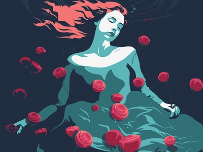 "Ophelia" - Daily vector doodle adobe illustrator blue contrast daily art digital art dress drowning flat design illustration illustrator magenta ophelia orange red reflection roses stylized vector vector illustration water