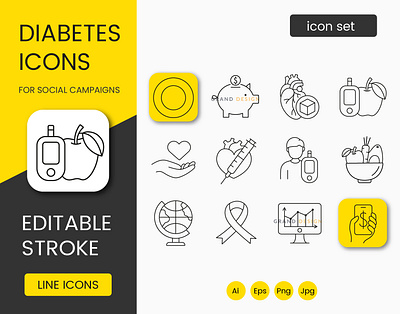 Diabetes icons for social campaigns editable stroke
