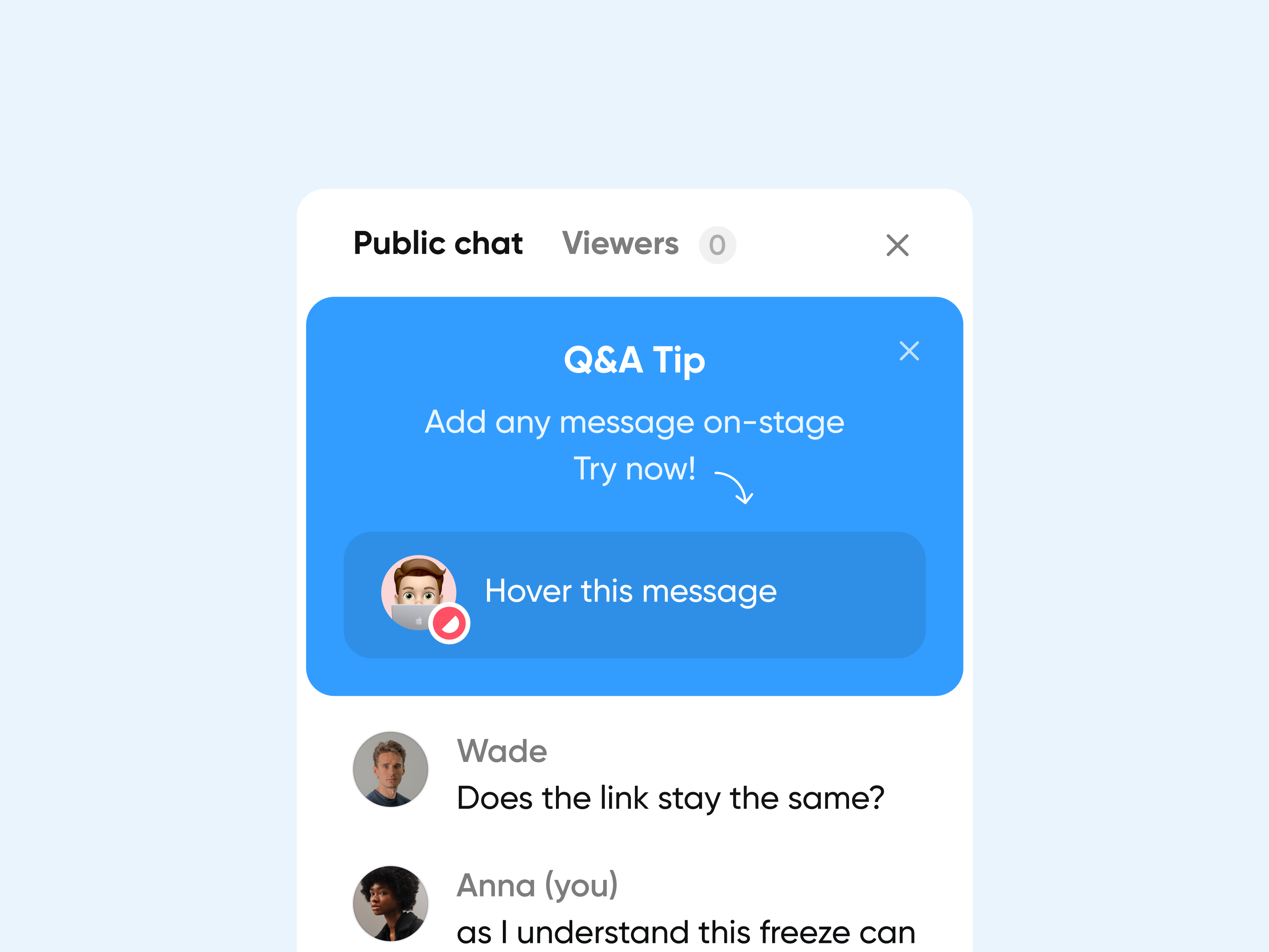 Q&A Onboarding audience chat contrast dailyui design interaction live message onboarding product qa question session stage stream streaming studio tip ui ux