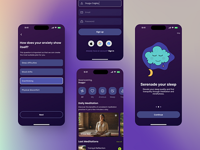 CalmSoul App app calm home illustration lesson meditation meditationapp mobile mobileapp navigationbar onboarding play questionnaire search signup sleep ui uidesign ux yoga