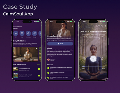 CalmSoul App app calm home illustration lesson meditation meditationapp mobile mobileapp navigationbar onboarding play questionnaire search signup sleep ui uidesign ux yoga