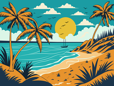 Tropical Seaside Summer Vibe Vector Illustration landscape silhouette ocean background sea sea background sea waves summer summer background summer landscape summer nature summer sea sunshine background tropical tropical summer tropical tree