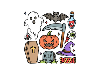 Halloween Doodle Set coffin cute doodle halloween icon illustration logo poison vector witchhat