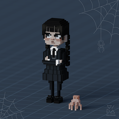 Voxel Wednesday Addams (with Thing!) 3d art addams character design halloween isometric magicavoxel thing voxel voxel art wednesday