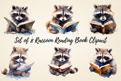 Raccoon Reading Book Watercolor Clipart mugs