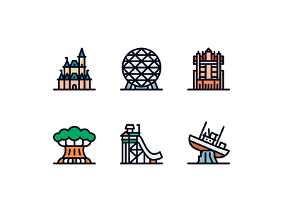Theme park icons design disney epcot icon icons illustration minimal minimalism minimalist park parks theme park theme parks vector