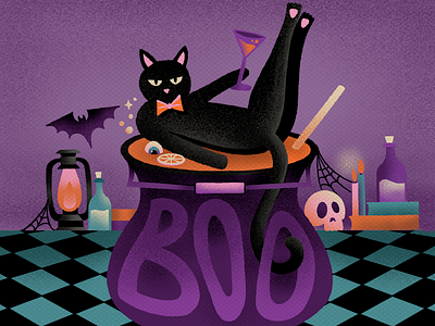Halloween Cat Illustration bat black boo book candle cat custom drawing drink halloween holiday humor illustration potion procreate purple spooky