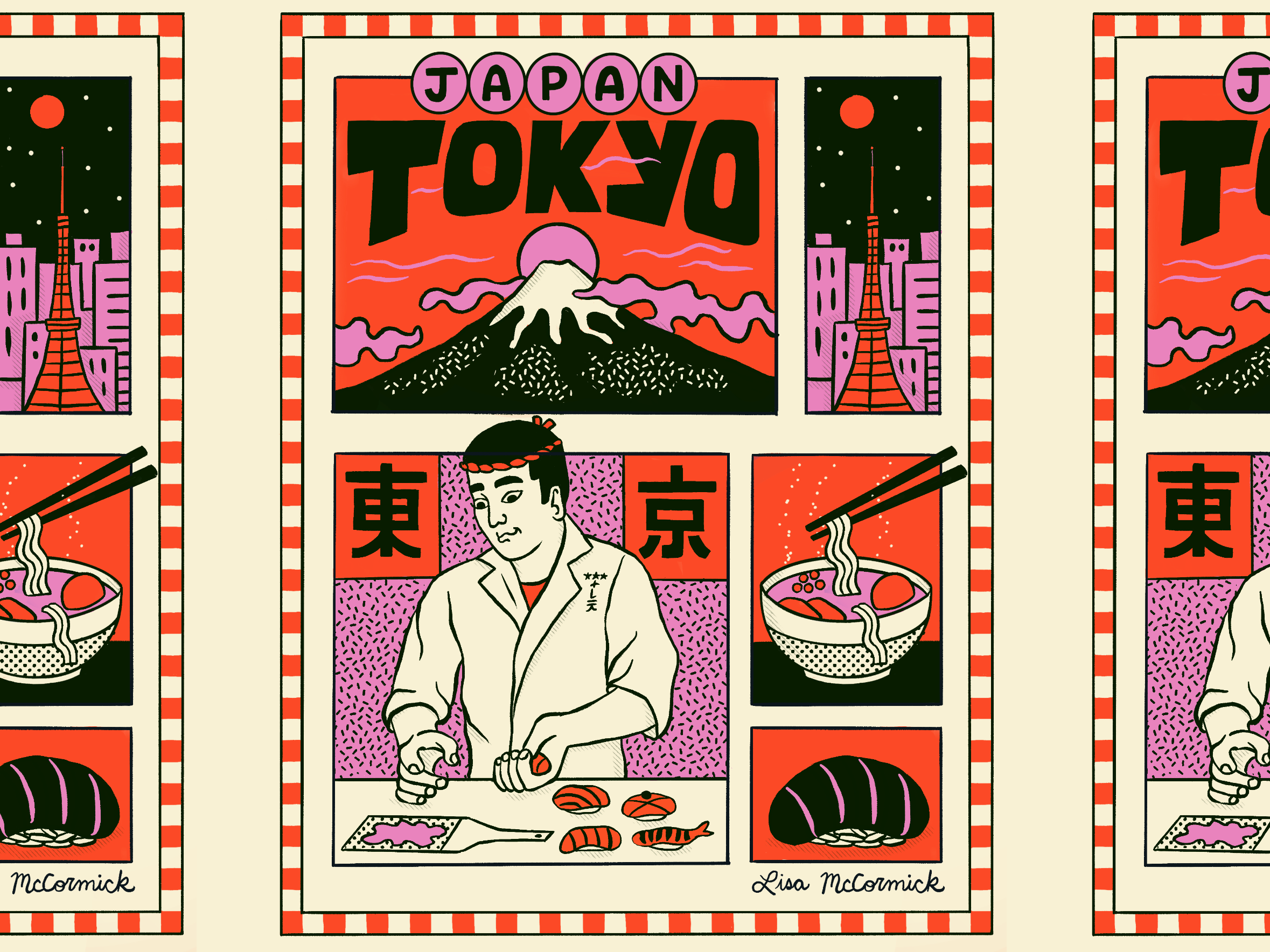 Tokyo Travel Poster Illustration 2023 chef city comic editorial food graphic design illustration japan landscape mountain mt fuji nature poster ramen restuarants sushi tokyo travel