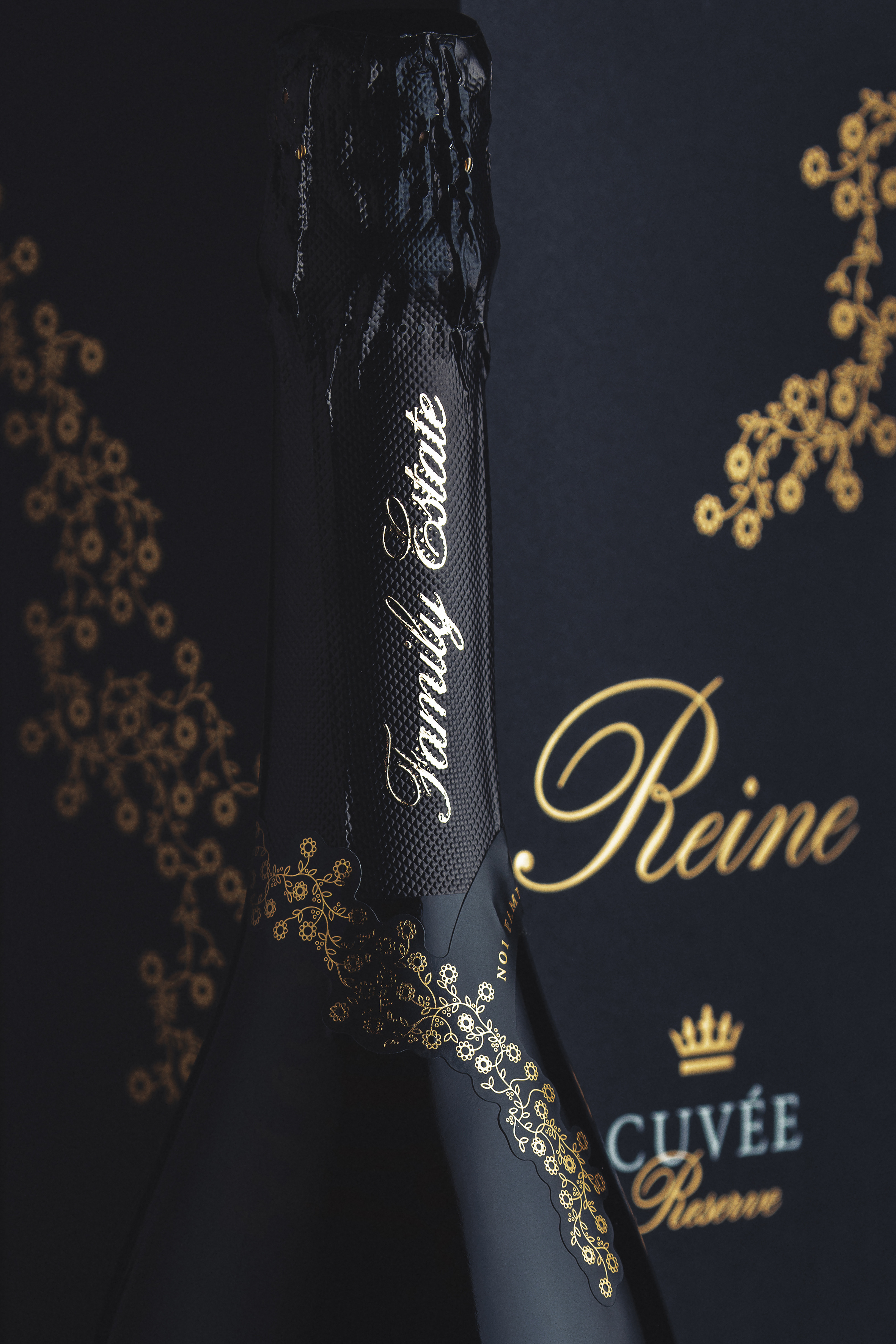 Inspiration. Exploration. Execution. alcohol branding champagne floral goldfoil label labelling packaging premium wine wine label
