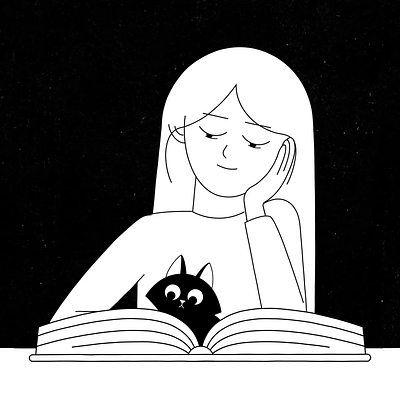 Everything is batter with cats and books :) 2d aftereffects animated gif black cat blak and white book cute cat female fun gif had drawn kitten motion graphics page pet reading symmetry texture woman
