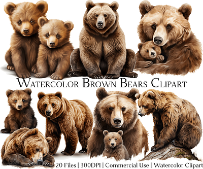 Watercolor Brown Bears Clipart