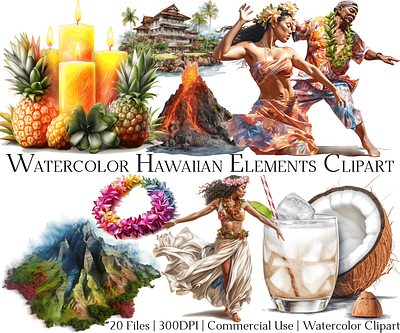 Watercolor Hawaiian Elements Clipart