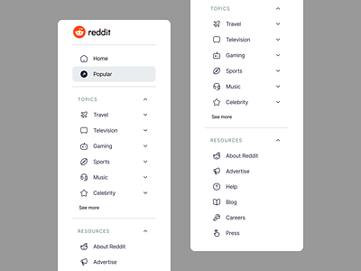 Reddit Sidebar UI | Hugeicons Pro admin dashboard dropdown icon iconography left menu menu nav navbar navigation reddit side menu side nav sidebar tabs ui ui design web design website