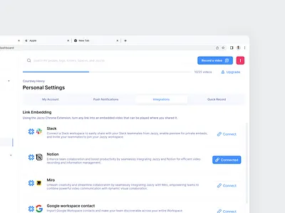 Jazzy - Personal settings - integrations account app cansaas clean connection dasboard design interface loom product design saas setting setup software system task ui ux web web design