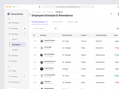 Astrea System - HR Management Dashboard attendance attendance dashboard company dashboard company management dashboard employee hr hr dashboard hrm human recruitment saas schedules table tables ui ui design uiux web design webapp website