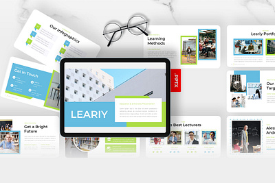 Leariy PowerPoint Template blue business education university green gsl key leariy modern powerpoint ppt pptx presentation template ui website