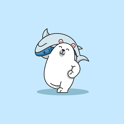 Cute Polar Bear with shark animal cartoon cute design funny illustration logo polarbear