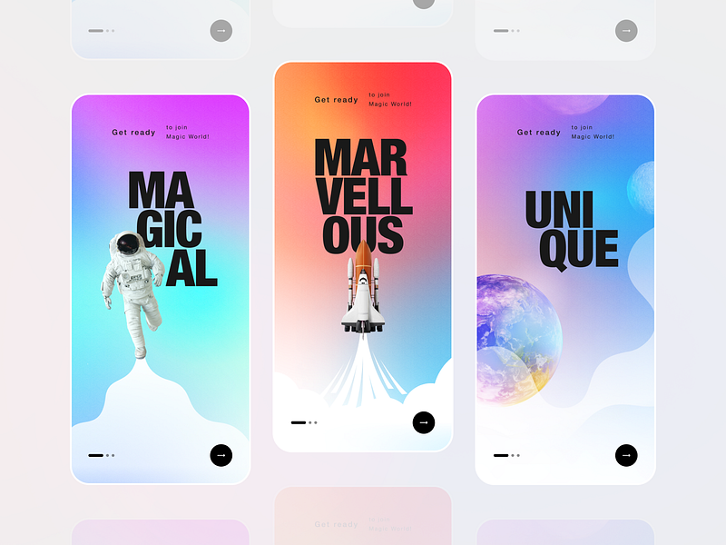 Onboarding screens for mobile application app colorful future galaxy gradient launch magical marvellous mobile app onboarding payment technical ui ui design uiux uiux design unique uxui vibrant colors wallet