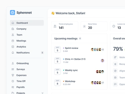 Spherenet Dashboard clean company dashboard dashboard employee hr human resources management minimalist payrolls subtle time off ui ui design ux ux design web web app