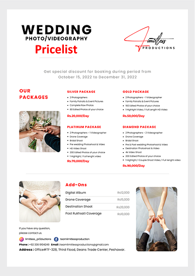 Pricelist Brochure 3d animation branding brochure graphic design limitless logo motion graphics packages photography pricelist productions ui videography wedding wedding packages