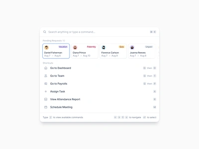 ⌘ Palette Component clean cmd cmdk command bar command palette company dashboard component dashboard employee management hr minimalist quick menu search bar ui web
