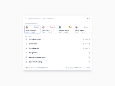 ⌘ Palette Component clean cmd cmdk command bar command palette company dashboard component dashboard employee management hr minimalist quick menu search bar ui web