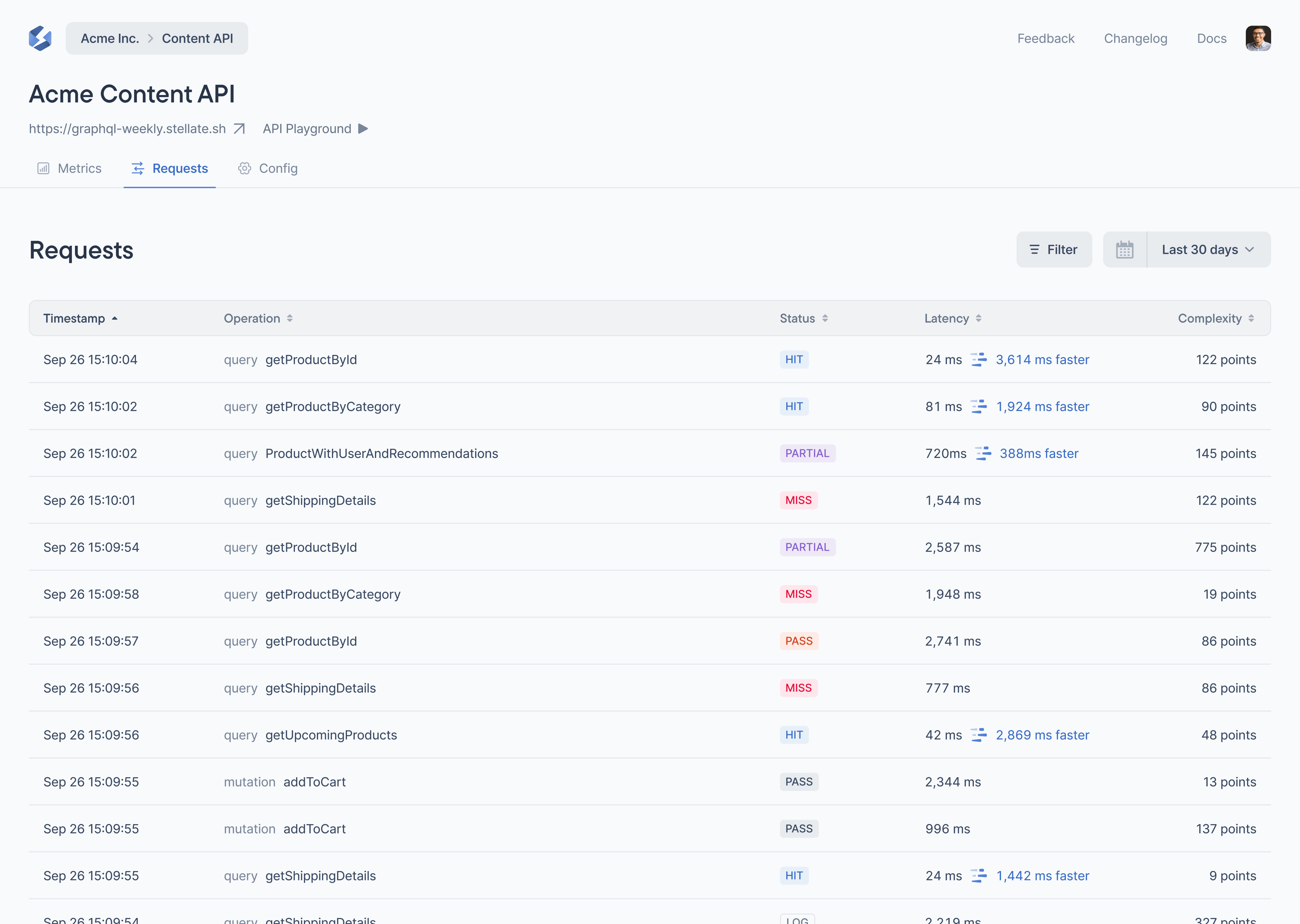 Requests Page - Table View blue caching cdn dev dev tooling dev tools figma graphql light mode minimal product design saas tab nav table top nav ui