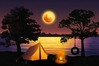 Landscape Design on the theme of "TIME TO CAMPFIRE" campfire design digital art graphic design graphic designer jungle landscape moonlitnight river tent travel winter