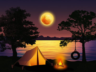 Landscape Design on the theme of "TIME TO CAMPFIRE" campfire design digital art graphic design graphic designer jungle landscape moonlitnight river tent travel winter