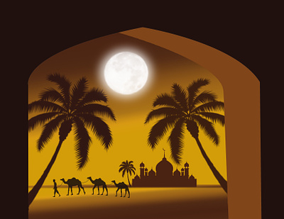 The Life Midst Desert camel datetree desert design digital art graphic design graphic designer landscape migration migratory moon mosque palmtree pilgrims sunset travel