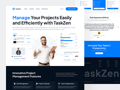 TaskZen - Project Management asana big blue branding chart clean feature footer landing page management people pricing project management testimonial website
