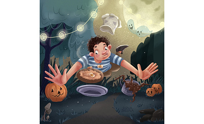 Tom art commission book cover illustration brand character cartoon character character development children illustration ghost halloween illustration lights moon pumpkin stylized