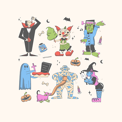 Halloween monsters character clown comic art cute design dracula flat frankenstein ghost graphic design halloween holiday horror illustration monster pumpkin scary spooky vector witch